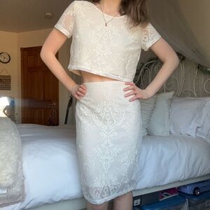 forever 21 cream lace matching crop top and pencil skirt set